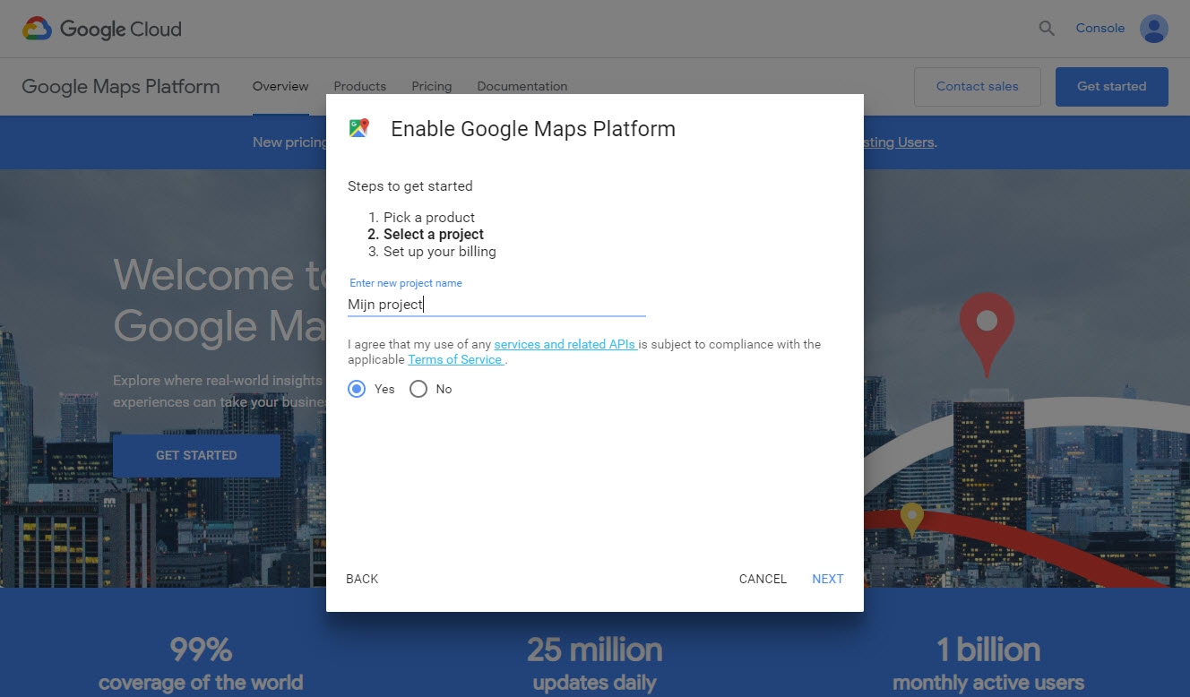 Stap 2: Google maps platform producten kiezen